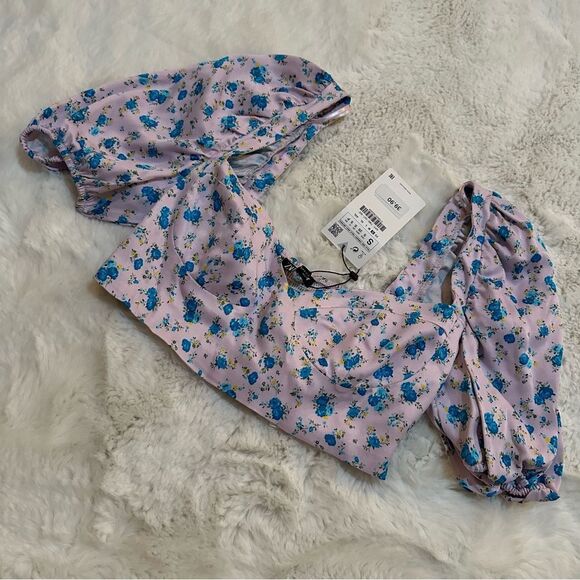NWT Zara light purple with blue floral print cropped milkmaid busteir top - Picture 3 of 7